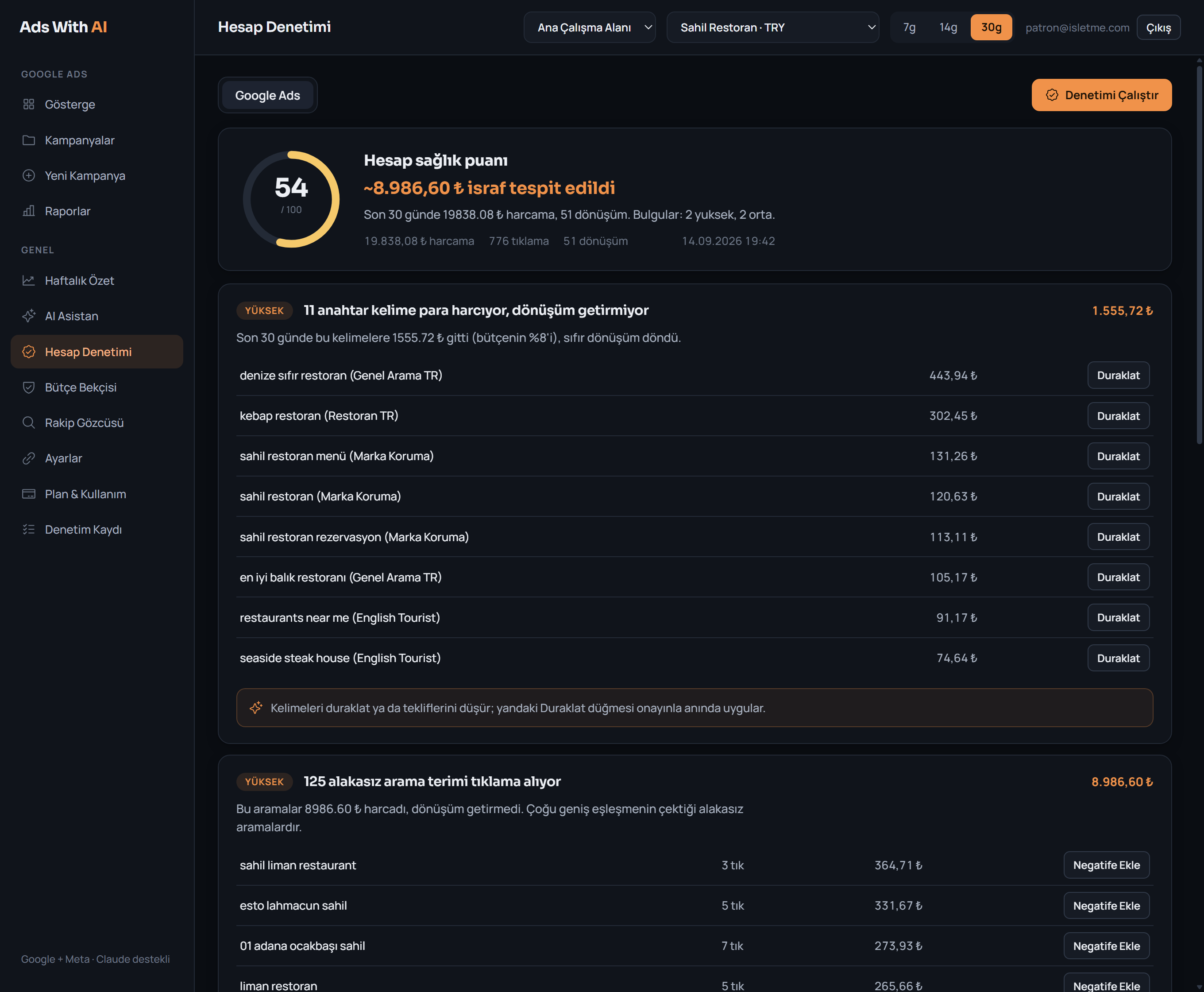 Ads With AI hesap denetimi ekranı: 54/100 sağlık puanı, yaklaşık 8.986 lira israf tespiti ve tek tık Duraklat düğmeleri